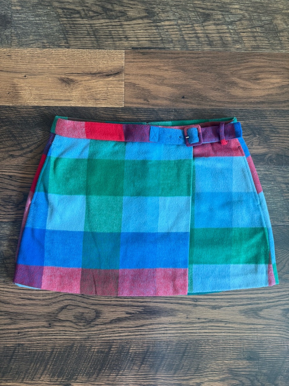 Free Assembly Multi-Color Plaid Mini Wrap Wool Skirt w Attached Belt & Zip Sz 16